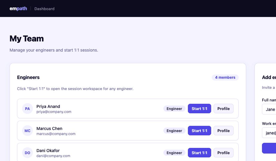 EMpath team dashboard with engineer list and Start 1:1 actions